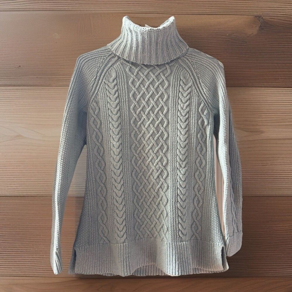 Talbots Petites Cable Knit Turtleneck Sweater Blue SP Cotton Wool Cashmere